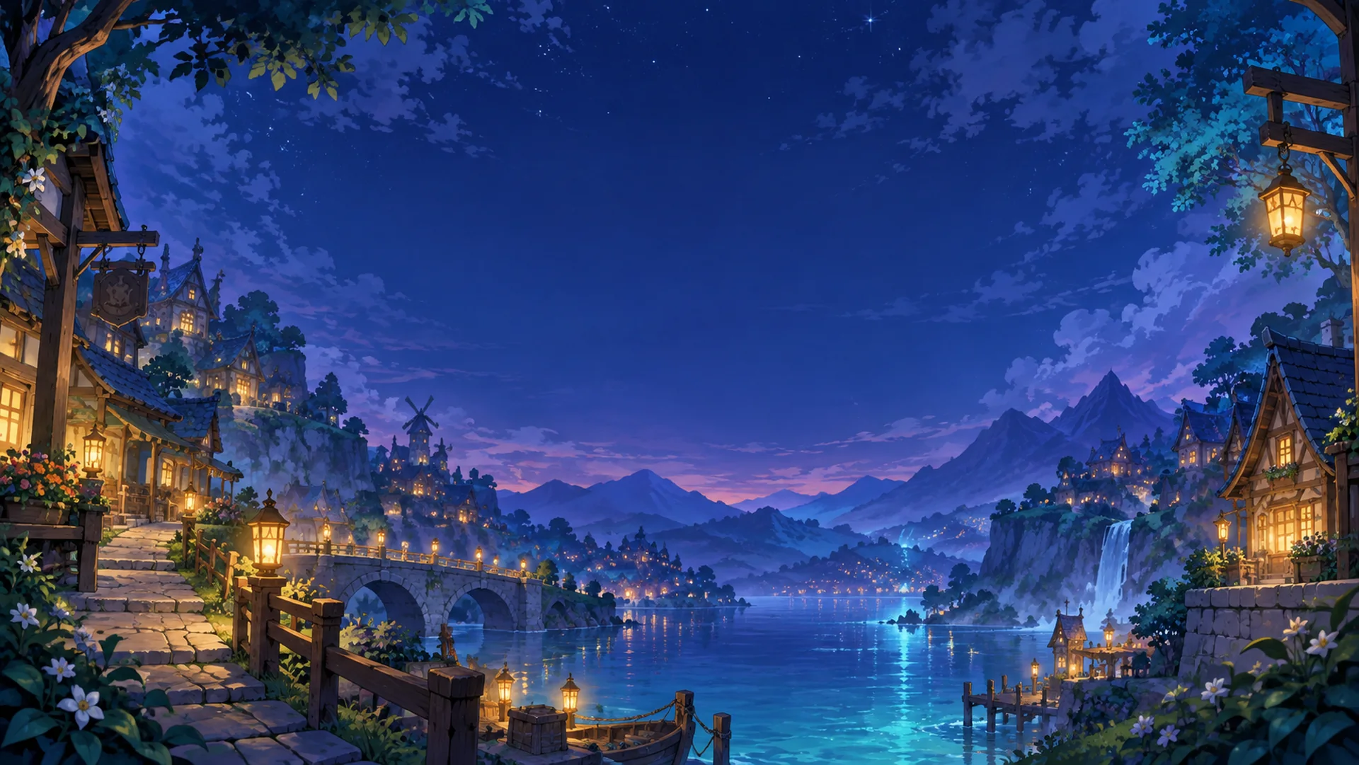Cenário ilustrativo de uma cidade de fantasia ao anoitecer.