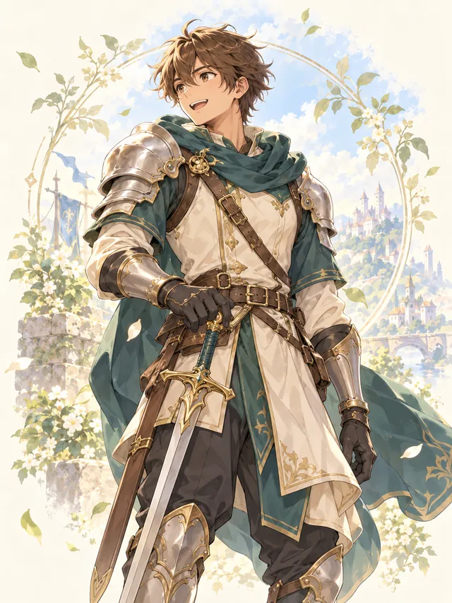 Representação ilustrativa da família Espadachim, com espada e armadura.
