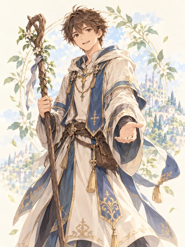 Representação ilustrativa da família Noviço, com vestes claras e cajado.