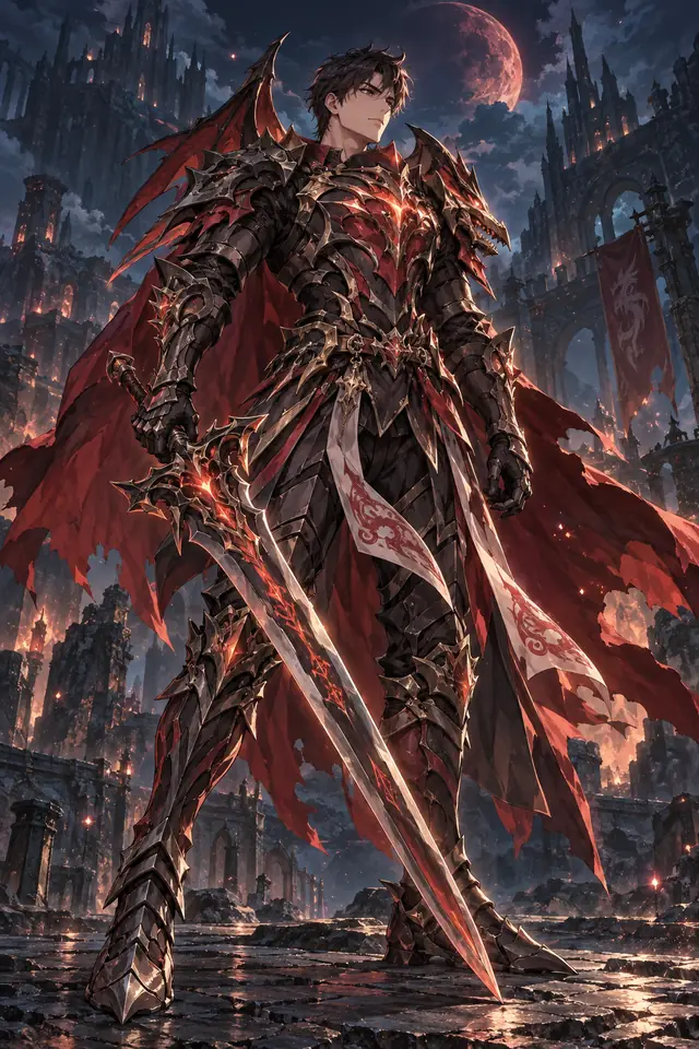 Ilustração de Dragon Knight, cavaleiro de armadura dracônica e espada