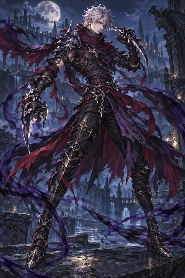 Ilustração de Shadow Cross, assassino com armadura sombria e katares