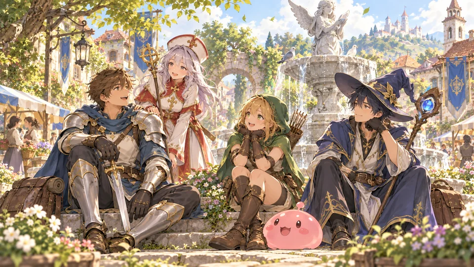 Arte ilustrativa de aventureiros reunidos em uma praça.