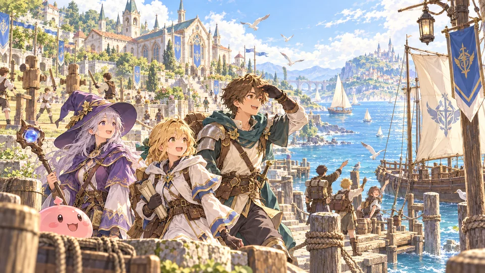 Arte ilustrativa de uma chegada ao porto; não representa uma captura de Izlude.