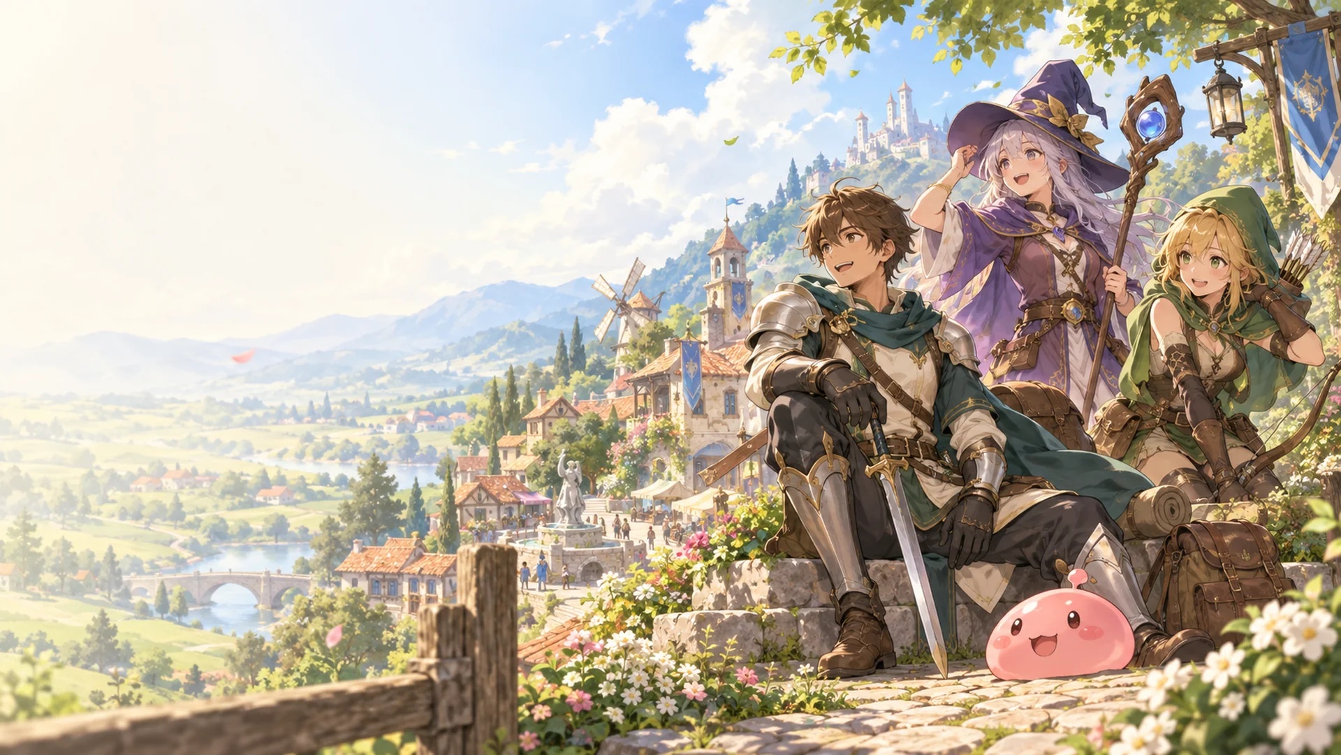 Arte ilustrativa de aventureiros, um Poring e uma cidade acolhedora de fantasia.