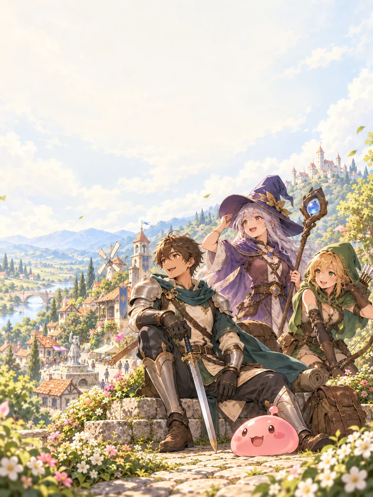 Arte ilustrativa de aventureiros e um Poring em uma nova jornada.